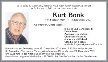 Traueranzeige von Kurt Bonk von Allgäuer Zeitung, Kaufbeuren/Buchloe