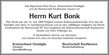 Traueranzeige von Kurt Bonk von Allgäuer Zeitung, Kaufbeuren/Buchloe