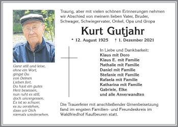 Traueranzeige von Kurt Gutjahr von Allgäuer Zeitung, Kaufbeuren/Buchloe