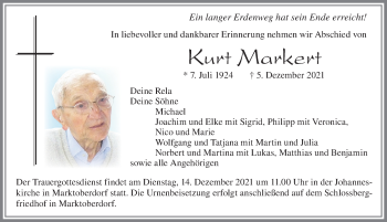 Traueranzeige von Kurt Markert von Allgäuer Zeitung, Marktoberdorf