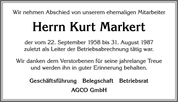Traueranzeige von Kurt Markert von Allgäuer Zeitung, Marktoberdorf