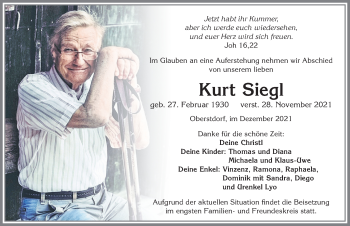 Traueranzeige von Kurt Siegl von Allgäuer Anzeigeblatt