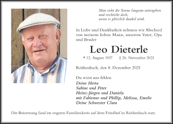 Traueranzeige von Leo Dieterle von Der Westallgäuer