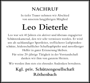 Traueranzeige von Leo Dieterle von Der Westallgäuer