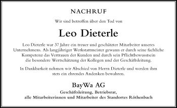 Traueranzeige von Leo Dieterle von Der Westallgäuer