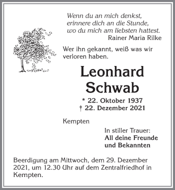 Traueranzeige von Leonhard Schwab von Allgäuer Zeitung,Kempten