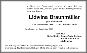 Traueranzeige von Lidwina Braunmüller von Allgäuer Anzeigeblatt