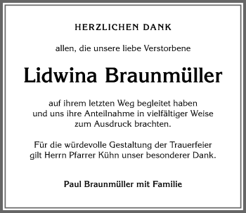 Traueranzeige von Lidwina Braunmüller von Allgäuer Anzeigeblatt