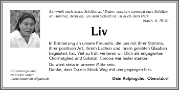 Traueranzeige von Liv Tjostheim von Allgäuer Anzeigeblatt
