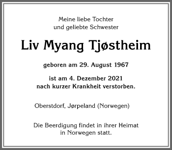 Traueranzeige von Liv Tjostheim von Allgäuer Anzeigeblatt