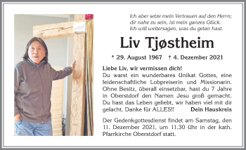 Traueranzeige von Liv Tjostheim von Allgäuer Anzeigeblatt