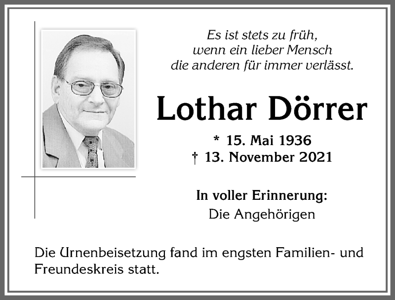  Traueranzeige für Lothar Dörrer vom 04.12.2021 aus Allgäuer Zeitung,Kempten