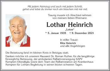 Traueranzeige von Lothar Heinrich von Allgäuer Zeitung,Kempten