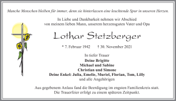 Traueranzeige von Lothar Stetzberger von Allgäuer Zeitung, Marktoberdorf