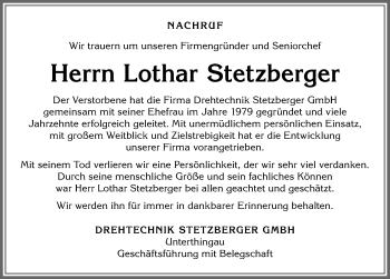 Traueranzeige von Lothar Stetzberger von Allgäuer Zeitung, Marktoberdorf