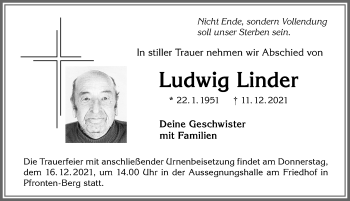 Traueranzeige von Ludwig Linder von Allgäuer Zeitung, Füssen