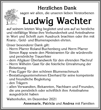 Traueranzeige von Ludwig Wachter von Allgäuer Zeitung,Kempten