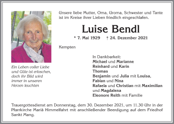 Traueranzeige von Luise Bendl von Allgäuer Zeitung,Kempten