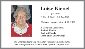 Traueranzeige von Luise Kienel von Allgäuer Zeitung, Füssen
