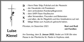 Traueranzeige von Luise Kienel von Allgäuer Zeitung, Füssen