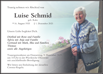 Traueranzeige von Luise Schmid von Der Westallgäuer