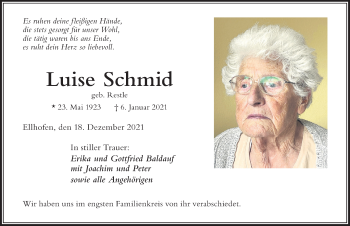 Traueranzeige von Luise Schmid von Der Westallgäuer