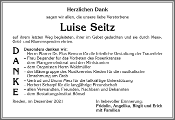 Traueranzeige von Luise Seitz von Allgäuer Zeitung, Kaufbeuren/Buchloe
