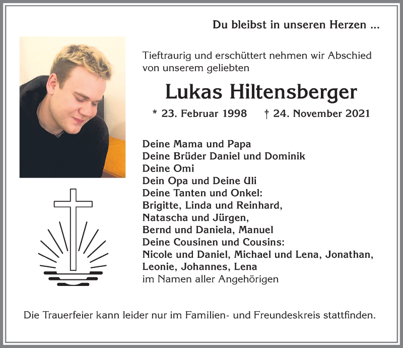  Traueranzeige für Lukas Hiltensberger vom 07.12.2021 aus Allgäuer Zeitung,Kempten