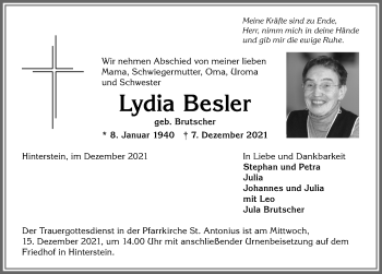 Traueranzeige von Lydia Besler von Allgäuer Anzeigeblatt