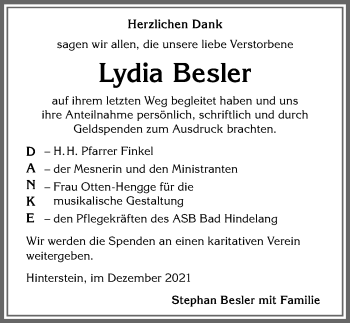 Traueranzeige von Lydia Besler von Allgäuer Anzeigeblatt