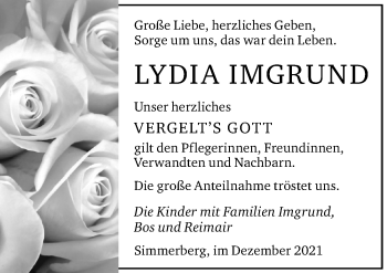 Traueranzeige von Lydia Imgrund von Der Westallgäuer
