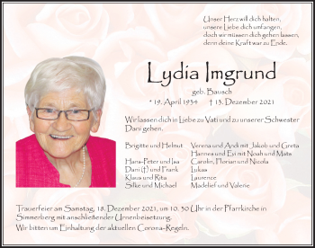 Traueranzeige von Lydia Imgrund von Der Westallgäuer