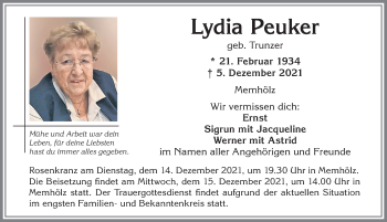 Traueranzeige von Lydia Peuker von Allgäuer Anzeigeblatt