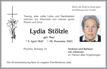Traueranzeige von Lydia Stölzle von Allgäuer Anzeigeblatt