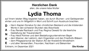 Traueranzeige von Lydia Thoma von Memminger Zeitung
