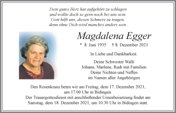 Traueranzeige von Magdalena Egger von Allgäuer Zeitung, Marktoberdorf