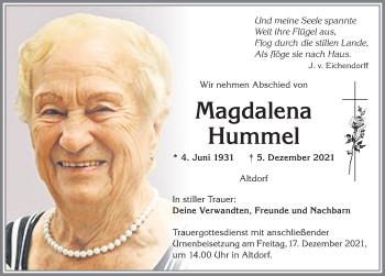 Traueranzeige von Magdalena Hummel von Allgäuer Zeitung, Marktoberdorf
