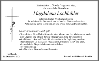 Traueranzeige von Magdalena Lochbihler von Allgäuer Zeitung, Füssen