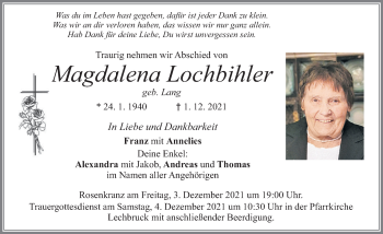 Traueranzeige von Magdalena Lochbihler von Allgäuer Zeitung, Füssen