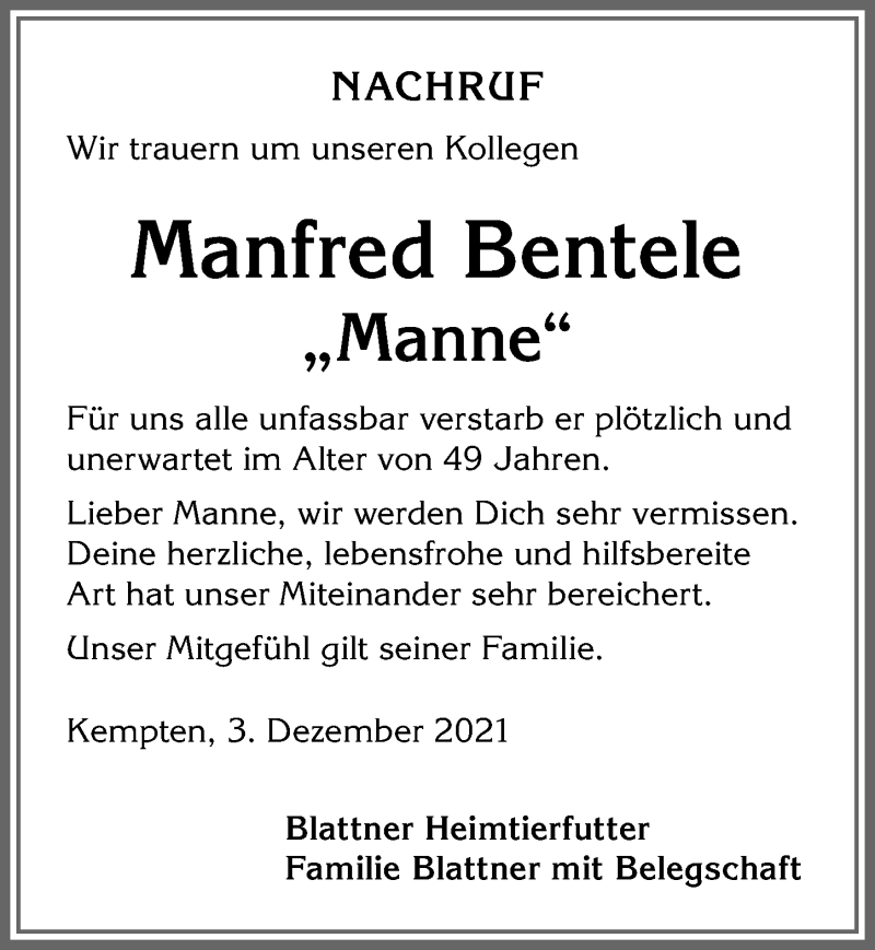  Traueranzeige für Manfred Bentele vom 03.12.2021 aus Allgäuer Zeitung,Kempten