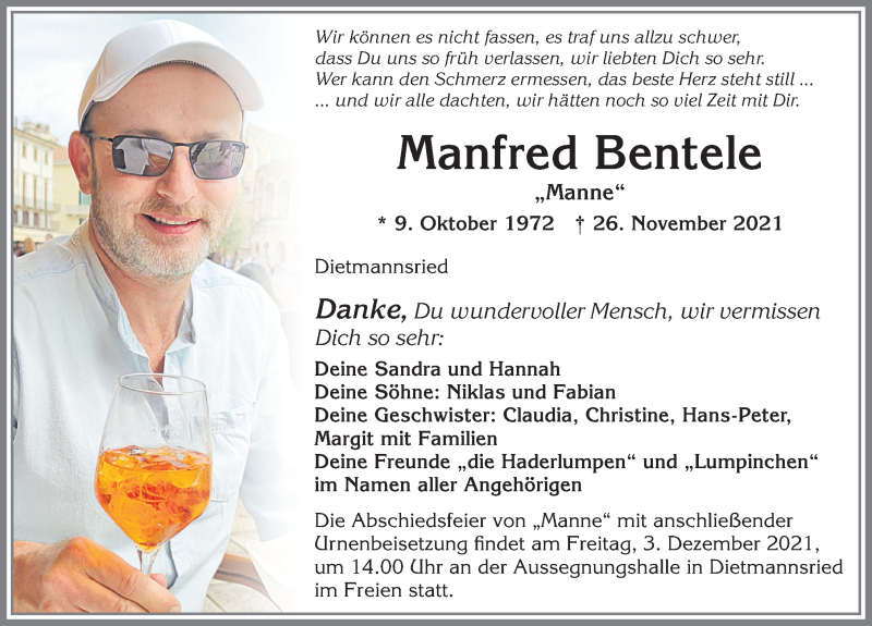  Traueranzeige für Manfred Bentele vom 01.12.2021 aus Allgäuer Zeitung,Kempten