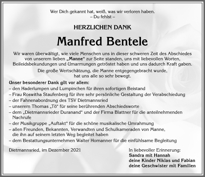  Traueranzeige für Manfred Bentele vom 18.12.2021 aus Allgäuer Zeitung,Kempten