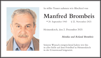 Traueranzeige von Manfred Brombeis von Der Westallgäuer