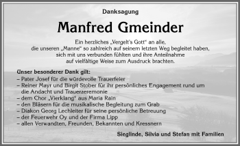 Traueranzeige von Manfred Gmeinder von Allgäuer Zeitung,Kempten