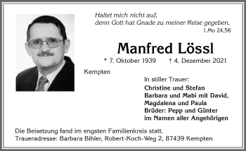 Traueranzeige von Manfred Lössl von Allgäuer Zeitung,Kempten