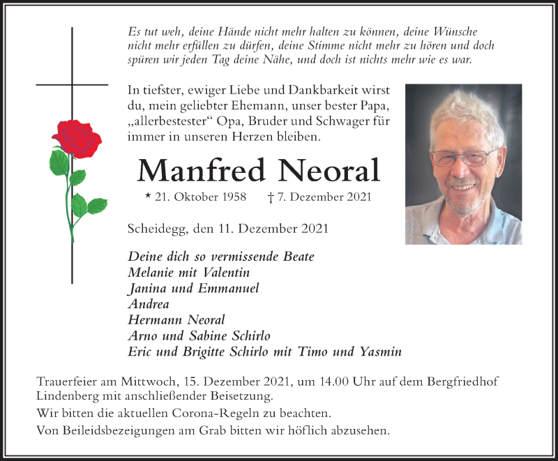  Traueranzeige für Manfred Neoral vom 11.12.2021 aus Der Westallgäuer