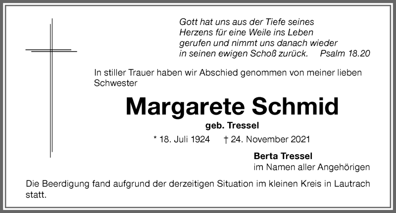  Traueranzeige für Margarete Schmid vom 04.12.2021 aus Memminger Zeitung