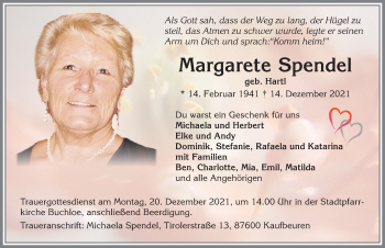 Traueranzeige von Margarete Spendel von Allgäuer Zeitung, Kaufbeuren/Buchloe
