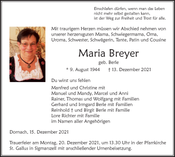Traueranzeige von Maria Breyer von Der Westallgäuer