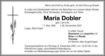 Traueranzeige von Maria Dobler von Memminger Zeitung